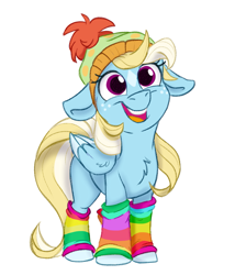 Size: 975x1138 | Tagged: safe, artist:rutkotka, imported from derpibooru, oc, oc only, oc:bubbly, pegasus, pony, chest fluff, clothes, cute, female, filly, floppy ears, foal, freckles, hat, leg warmers, next generation, offspring, open mouth, open smile, parent:rainbow dash, parent:zephyr breeze, parents:zephdash, simple background, smiling, socks, solo, white background, winter