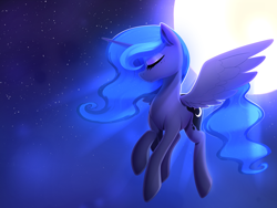 Size: 2400x1800 | Tagged: source needed, useless source url, safe, artist:thebatfang, imported from derpibooru, princess luna, alicorn, pony, eyes closed, female, flying, freckles, mare, moon, night, smiling, solo, stars