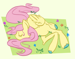 Size: 2000x1564 | Tagged: safe, artist:e_doodlesnstuff, imported from derpibooru, fluttershy, pegasus, pony, anatomically incorrect, female, incorrect leg anatomy, lying down, mare, sleeping, solo