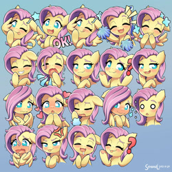 Size: 2000x2000 | Tagged: safe, artist:symbianl, imported from derpibooru, fluttershy, pegasus, pony, ..., :3, aside glance, bedroom eyes, blank eyes, blushing, bow, breath, bust, cheek fluff, chest fluff, covering mouth, cross-popping veins, cute, cute little fangs, drool, emanata, exhale, expressions, eyes closed, fangs, feather fingers, female, floppy ears, gray background, grin, hair bow, heart, heart eyes, high res, looking at you, looking down, mischievous, no pupils, ok, one eye closed, open mouth, open smile, pom pom, question mark, raised eyebrow, raised hoof, sad, shaking, shrug, shy, shyabetes, simple background, smiling, smiling at you, snaggletooth, solo, spread wings, starry eyes, stars, stray strand, supporting head, teary eyes, telegram sticker, three quarter view, tongue out, underhoof, wavy eyes, wavy mouth, wing hands, wingding eyes, wings, wink, winking at you, yawn