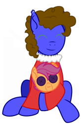 Size: 2001x3049 | Tagged: safe, artist:masami-rose, artist:yeetmedownthestairs, imported from derpibooru, scootaloo, oc, oc:silly scribe, earth pony, pegasus, pony, derpibooru community collaboration, 2023 community collab, base used, button, buttons, clothes, coat, cute, eyes closed, high res, male, ocbetes, plushie, pony plushie, simple background, sitting, solo, stallion, transparent background