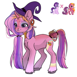 Size: 1150x1150 | Tagged: safe, artist:crumbelinadicarmello, imported from derpibooru, rainbow flash, starlight glimmer, oc, pony, unicorn, avatar maker fantasy pony, blaze (coat marking), choker, coat markings, ear piercing, earring, eyeshadow, facial markings, freckles, fusion, g4, hat, jewelry, lidded eyes, makeup, multicolored mane, piercing, pink coat, ponytail, potion, purple eyes, sassy, simple background, solo, striped mane, stripes, transparent background, unshorn fetlocks, witch, witch hat