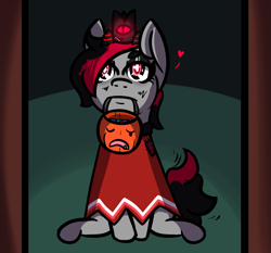 Size: 1037x967 | Tagged: safe, artist:lazerblues, imported from derpibooru, oc, oc:miss eri, pony, clothes, costume, cult of the lamb, floating heart, halloween, heart, holiday, mouth hold, pumpkin bucket, solo, trick or treat