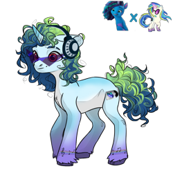 Size: 1080x1080 | Tagged: safe, artist:crumbelinadicarmello, imported from derpibooru, dj pon-3, vinyl scratch, oc, pony, unicorn, avatar maker fantasy pony, blue coat, curly mane, female, g4, g5, glasses, gradient horn, gradient legs, headphones, horn, magical lesbian spawn, misty brightdawn, multicolored mane, music notes, offspring, parent:misty brightdawn, parent:vinyl scratch, parents:vinylmist, rainbow power, rainbow power-ified, red eyes, simple background, solo, sunglasses, transparent background, unshorn fetlocks, vinylmist