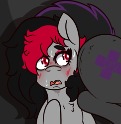 Size: 973x1000 | Tagged: safe, artist:lazerblues, imported from derpibooru, oc, oc:deep rest, oc:miss eri, pony, blushing, hip, looking at butt, sweat