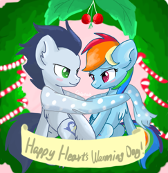 Size: 1215x1249 | Tagged: safe, artist:celedash, imported from derpibooru, rainbow dash, soarin', pegasus, pony, blushing, christmas, clothes, duo, female, hearth's warming eve, holiday, hoof hold, looking at each other, looking at someone, male, mare, romantic, scarf, shared clothing, shared scarf, shipping, soarindash, stallion, straight
