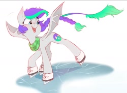 Size: 1416x1037 | Tagged: safe, artist:melodylibris, imported from derpibooru, oc, oc only, oc:lony, bat pony, pony, bat pony oc, clothes, cute, female, ice, ice skates, ice skating, mare, ocbetes, open mouth, open smile, scarf, simple background, smiling, solo, spread wings, striped scarf, white background, wings