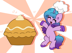 Size: 4848x3613 | Tagged: safe, artist:kittyrosie, imported from derpibooru, izzy moonbow, pony, unicorn, chef's hat, cute, daaaaaaaaaaaw, eyes closed, female, food, g5, happy, hat, izzybetes, mare, open mouth, open smile, pie, pumpkin pie, smiling, solo