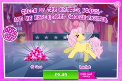 Size: 1960x1300 | Tagged: safe, idw, imported from derpibooru, rosedust, flutter pony, pony, advertisement, antennae, bow, costs real money, curtains, english, female, g1, g4, gameloft, gem, idw showified, insect wings, mare, my little pony: magic princess, numbers, official, queen, queen rosedust, sale, solo, solo focus, spread wings, tail, tail bow, text, wings