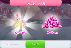 Size: 1263x857 | Tagged: safe, idw, imported from derpibooru, rosedust, flutter pony, pony, antennae, bow, bundle, costs real money, curtains, english, female, g1, g4, gameloft, gem, idw showified, insect wings, mare, my little pony: magic princess, numbers, official, queen, queen rosedust, sale, solo, solo focus, spread wings, tail, tail bow, text, wings