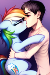 Size: 512x768 | Tagged: safe, imported from derpibooru, rainbow dash, oc, human, pegasus, pony, ai content, ai generated, blushing, canon x oc, duo, female, generator:novelai, generator:stable diffusion, hugging a pony, human on pony action, interspecies, kiss on the lips, kissing, male, mare, straight