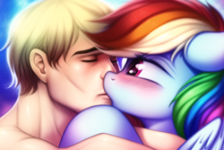 Size: 768x512 | Tagged: safe, imported from derpibooru, rainbow dash, oc, human, pegasus, pony, ai content, ai generated, blushing, canon x oc, duo, female, generator:novelai, generator:stable diffusion, hugging a pony, human on pony action, interspecies, kiss on the lips, kissing, male, mare, straight