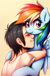 Size: 512x768 | Tagged: safe, imported from derpibooru, rainbow dash, oc, human, pegasus, pony, ai content, ai generated, blushing, canon x oc, duo, female, generator:novelai, generator:stable diffusion, hug, hugging a pony, human on pony action, human on pony snuggling, interspecies, male, mare, snuggling