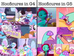 Size: 2048x1536 | Tagged: safe, edit, edited screencap, imported from derpibooru, screencap, cranky doodle donkey, hitch trailblazer, lotus blossom, ms. harshwhinny, princess celestia, queen haven, rarity, sunny starscout, twilight sparkle, donkey, earth pony, pony, unicorn, games ponies play, green isn't your color, ponyville confidential, rarity's biggest fan, spoiler:g5, spoiler:interseason shorts, spoiler:my little pony: make your mark chapter 2, spoiler:my little pony: tell your tale, spoiler:myms01e03, spoiler:tyts01e05, spoiler:tyts01e27, all that jazz, bathrobe, cake, clothes, comparison, confused, cropped, dahlia, female, flower, food, g4, g5, hat, hoof polish, hoof spongey thing, hooficure, hooves, jazz has no ears, jazz hooves, looking at someone, male, mane melody, mane melody (location), mare, mud mask, my little pony: make your mark, my little pony: make your mark chapter 2, my little pony: tell your tale, nail file, newspaper, no ears, offscreen character, portrait of a princess, robe, sitting, spa, spray can, stallion, stars, text, towel on head