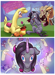 Size: 2460x3350 | Tagged: safe, artist:redahfuhrerking, imported from derpibooru, fhtng th§ ¿nsp§kbl, oc, oc:sila, alpaca, classical unicorn, cow, demon, horse, unicorn, them's fightin' herds, 2 panel comic, arizona (tfh), basketball, bloodshot eyes, cloven hooves, colored, comic, community related, crying, eye beams, finger gun, flower, flower pot, food, high res, kubrick stare, leonine tail, musical instrument, oleander (tfh), paintbrush, paprika (tfh), paprika physics, plunger, saxophone, shading, sitting, sketch, sketch dump, sports, square hole, tail, text, unshorn fetlocks, watermelon