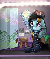 Size: 2900x3364 | Tagged: safe, artist:appleneedle, imported from derpibooru, oc, earth pony, pony, backstage, bow, lights, poster, preparation, promps, show, singer, stars