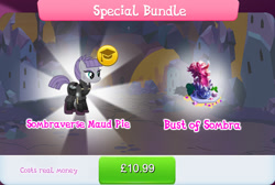 Size: 1268x854 | Tagged: safe, imported from derpibooru, king sombra, maud pie, earth pony, pony, unicorn, alternate hairstyle, alternate timeline, apocalypse maud, armor, bundle, bush, bust, clothes, costs real money, crystal, crystal war timeline, english, female, gameloft, mare, my little pony: magic princess, numbers, official, pouch, rock, sale, solo, solo focus, sombraverse, statue, text