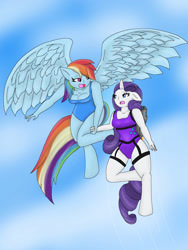 Size: 774x1032 | Tagged: safe, artist:imperialspartan, imported from derpibooru, rainbow dash, rarity, anthro, pegasus, unicorn, clothes, duo, duo female, female, flying, g4, holding hands, jetpack, leotard, looking at each other, looking at someone, sky, sky background, spread wings, wings