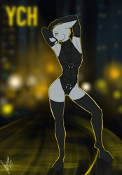 Size: 1640x2360 | Tagged: safe, artist:stirren, imported from derpibooru, anthro, unguligrade anthro, ballgag, blurry background, bodysuit, clothes, commission, female, gag, gloves, harness, night, pinup, pose, socks, solo, tack, your character here