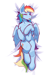 Size: 3307x4677 | Tagged: safe, artist:zpdea, imported from derpibooru, rainbow dash, pegasus, pony, belly button, body pillow, body pillow design, female, g4, high res, lying down, mare, on back, simple background, solo, white background