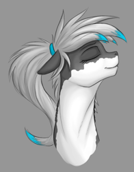 Size: 900x1150 | Tagged: safe, artist:stray prey, imported from derpibooru, oc, oc only, oc:lacera viscera, original species, pony, shark, shark pony, bust, eyelashes, eyes closed, female, floppy ears, long neck, portrait, simple background, slim, smiling, solo, sternocleidomastoid