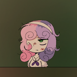 Size: 500x500 | Tagged: safe, artist:katotako, derpibooru exclusive, imported from derpibooru, sweetie belle, human, equestria girls, bags under eyes, breasts, clothes, green background, green eyes, headdress, humanized, simple background, solo, table, tired, two toned hair