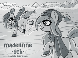Size: 1600x1200 | Tagged: safe, artist:madelinne, imported from derpibooru, pony, black and white, clothes, commission, duo, grayscale, hat, monochrome, scarf, skating, sketch, winter, ych sketch, your character here