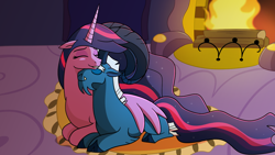 Size: 1280x720 | Tagged: safe, artist:imperiialfrost, imported from derpibooru, grogar, twilight sparkle, alicorn, pony, sheep, the last problem, duo, female, fireplace, lying down, male, older, older twilight, princess twilight 2.0, prone, ram, shipping, straight, twigar, twilight sparkle (alicorn)