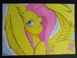 Size: 794x596 | Tagged: safe, artist:edgarkingmaker, imported from derpibooru, fluttershy, pegasus, pony, aside glance, blushing, copic, etsy, female, looking at you, partially open wings, raised hoof, solo, three quarter view, traditional art, wings