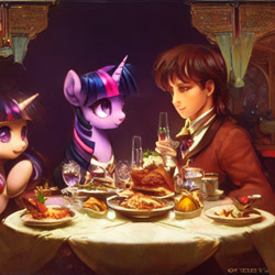 Size: 1024x1024 | Tagged: safe, imported from derpibooru, prompter:tour, twilight sparkle, twilight velvet, human, pony, unicorn, ai content, ai generated, food, generator:stable diffusion, restaurant, table, upscaled, waifu2x