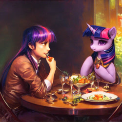 Size: 1024x1024 | Tagged: safe, imported from derpibooru, prompter:tour, twilight sparkle, human, pony, unicorn, ai content, ai generated, clothes, duality, duo, duo female, female, food, generator:stable diffusion, human ponidox, humanized, restaurant, self paradox, self ponidox, table, upscaled, waifu2x