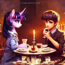 Size: 1024x1024 | Tagged: safe, imported from derpibooru, prompter:tour, twilight sparkle, oc, human, semi-anthro, unicorn, ai content, ai generated, candle, clothes, duo, food, generator:stable diffusion, machine learning abomination, restaurant, table, unicorn twilight, upscaled, waifu2x