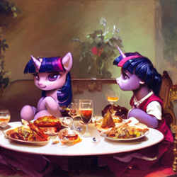 Size: 1024x1024 | Tagged: safe, imported from derpibooru, prompter:tour, twilight sparkle, pony, unicorn, ai content, ai generated, anatomically incorrect, clothes, duality, duo, duo female, female, food, generator:stable diffusion, restaurant, self paradox, table, unicorn twilight, upscaled, waifu2x