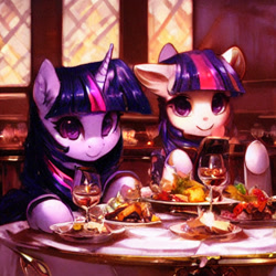 Size: 1024x1024 | Tagged: safe, imported from derpibooru, prompter:tour, twilight sparkle, earth pony, pony, unicorn, ai content, ai generated, duality, duo, duo female, earth pony twilight, female, food, generator:stable diffusion, race swap, restaurant, self paradox, upscaled, waifu2x