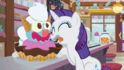 Size: 520x293 | Tagged: safe, imported from derpibooru, screencap, rarity, pony, unicorn, forever filly, animated, cute, food, gif, ice cream, licking, messy eating, raribetes, sundae, tongue out, what were they thinking, you know for kids