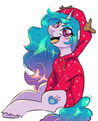 Size: 2144x2651 | Tagged: safe, artist:pozya1007, imported from derpibooru, izzy moonbow, pony, unicorn, christmas, clothes, g5, holiday, hoodie, simple background, solo, white background