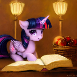 Size: 1024x1024 | Tagged: safe, imported from derpibooru, prompter:tour, twilight sparkle, alicorn, pony, ai content, ai generated, apple, book, food, generator:stable diffusion, lying down, ponyloaf, prone, solo, twilight sparkle (alicorn), upscaled, waifu2x