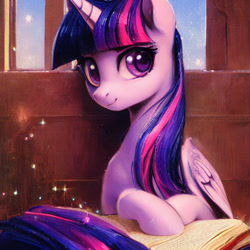 Size: 1024x1024 | Tagged: safe, imported from derpibooru, prompter:tour, twilight sparkle, alicorn, pony, ai content, ai generated, book, generator:stable diffusion, looking at you, smiling, solo, sparkles, twilight sparkle (alicorn), upscaled, waifu2x