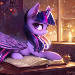 Size: 1024x1024 | Tagged: safe, imported from derpibooru, prompter:tour, twilight sparkle, alicorn, pony, ai content, ai generated, book, generator:stable diffusion, looking at you, smiling, solo, twilight sparkle (alicorn), upscaled, waifu2x, window