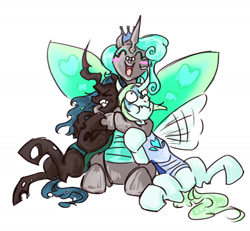 Size: 1836x1693 | Tagged: safe, artist:thurder2020, imported from derpibooru, queen chrysalis, changedling, changeling, changeling queen, female, group, group hug, hug, mirror universe, purified chrysalis, reversalis, self paradox, self ponidox, simple background, white background