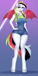 Size: 1287x2540 | Tagged: safe, artist:xjenn9, imported from derpibooru, oc, oc only, oc:hoofwork new wave, anthro, bat pony, unguligrade anthro, bat wings, bedroom eyes, breasts, clothes, commission, female, hand on hip, overalls, solo, underboob, wings, your character here