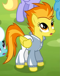 Size: 537x680 | Tagged: safe, imported from derpibooru, screencap, fleetfoot, spitfire, pegasus, pony, rainbow falls, season 4, clothes, female, folded wings, grass, looking up, mare, open mouth, warmup suit, wings