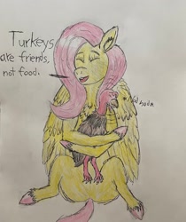 Size: 2724x3240 | Tagged: safe, artist:emerald ice, imported from derpibooru, fluttershy, bird, pegasus, pony, turkey, animal, butt, cute, female, holiday, hooves, hug, mare, mouthpiece, plot, shyabetes, simple background, sitting, speech, talking, thanksgiving, traditional art, vegetarian, white background, wings