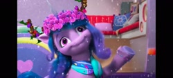 Size: 2400x1080 | Tagged: safe, imported from derpibooru, screencap, izzy moonbow, pony, unicorn, spoiler:g5, spoiler:winter wishday, clothes, derp, female, floral head wreath, flower, g5, izzy is best facemaker, izzy.exe has stopped working, mare, marestream, my little pony: make your mark, my little pony: make your mark chapter 3, scarf, solo, winter wishday