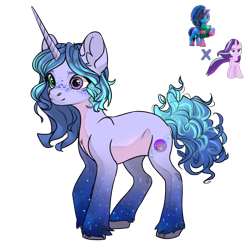 Size: 1080x1080 | Tagged: safe, artist:crumbelinadicarmello, imported from derpibooru, starlight glimmer, oc, pony, unicorn, avatar maker fantasy pony, blue mane, curly hair, female, freckles, fusion, g4, g5, gradient legs, heterochromia, misty brightdawn, saturn, simple background, solo, stars, transparent background