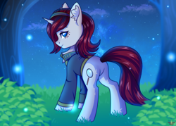 Size: 3500x2500 | Tagged: safe, artist:fluffywhirlpool, imported from derpibooru, oc, oc only, oc:glassy, oc:looking glass, firefly (insect), insect, pony, unicorn, fallout equestria, blue eyes, butt, catchlights, chest fluff, clothes, cloud, commission, ear fluff, fallout equestria oc, female, freckles, full body, grass, grass field, hairband, heart, heart eyes, horn, jumpsuit, looking at you, mare, night, night sky, plot, sky, sky background, smiling, smiling at you, solo, starry night, stars, tree, unicorn oc, vault suit, wingding eyes