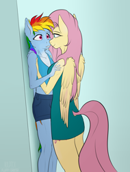 Size: 2178x2862 | Tagged: safe, artist:fluffyorbiter, imported from derpibooru, fluttershy, rainbow dash, anthro, pegasus, against wall, anticipation, ass, bedroom eyes, breasts, busty fluttershy, butt, clothes, delicious flat chest, dock, dress, duo, duo female, female, flutterbutt, flutterdash, flutterdom, height difference, holding a pony, lesbian, looking at each other, looking at someone, meme, midriff, muscles, ponified meme, rainbow flat, rainbuff dash, role reversal, shipping, shirt, shorts, simple background, smoldash, surprised, tail, tallershy, undershirt, wings
