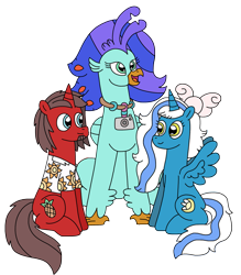 Size: 2013x2298 | Tagged: safe, artist:supahdonarudo, derpibooru exclusive, imported from derpibooru, oc, oc only, oc:fleurbelle, oc:ironyoshi, oc:sea lilly, alicorn, classical hippogriff, hippogriff, unicorn, derpibooru community collaboration, 2023 community collab, bow, camera, clothes, jewelry, necklace, shirt, simple background, sitting, transparent background