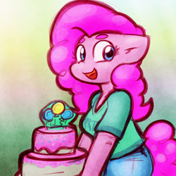 Size: 900x900 | Tagged: safe, artist:zutcha, imported from derpibooru, pinkie pie, anthro, cake, clothes, female, food, solo
