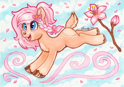 Size: 2080x1468 | Tagged: safe, artist:dandy, imported from derpibooru, oc, oc only, deer, deer pony, original species, blushing, bow, braid, cherry blossoms, chest fluff, cloven hooves, copic, female, flower, flower blossom, flower petals, freckles, happy, open mouth, ponytail, solo, traditional art
